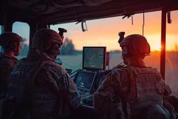Military Personnel Operating Tactical Equipment at Sunset in Armored Vehicle - obrazy, fototapety, plakaty
