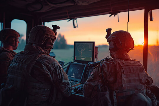 Military Personnel Operating Tactical Equipment at Sunset in Armored Vehicle