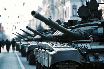 Military Parade Showcasing Row of Armored Tanks in Urban Setting - obrazy, fototapety, plakaty