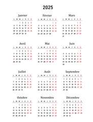Calendar 2025 in french language with french holidays. Vector illustration