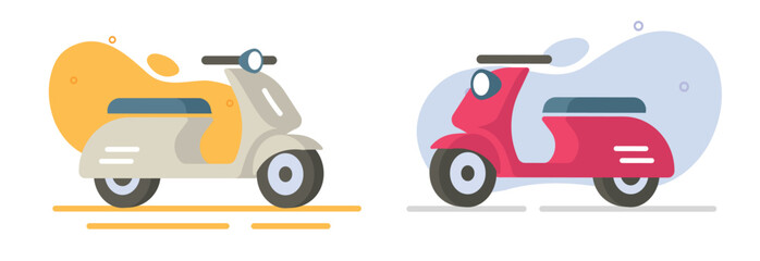 Scooter motor icon flat cartoon vector graphic illustration set, red yellow white small motorcycle moped bike isolated old retro vintage modern design, front side view 3d motorbike image clipart
