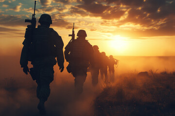 Valor at Dawn: Soldiers in Silhouette Marching Through Mist at Sunrise - obrazy, fototapety, plakaty