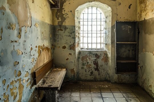 Abandoned prison cell with sunlight streaming through bars.