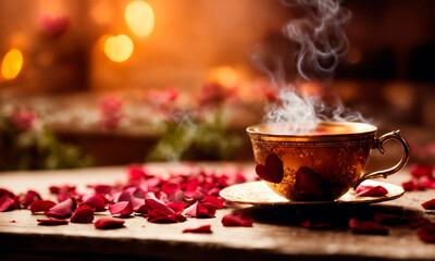 bowl with rose petals and smoke. Selective focus. - obrazy, fototapety, plakaty