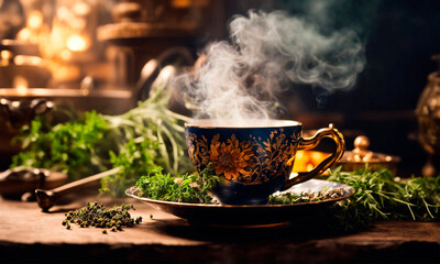 plate with herbs and incense on a forest background. Selective focus. - obrazy, fototapety, plakaty