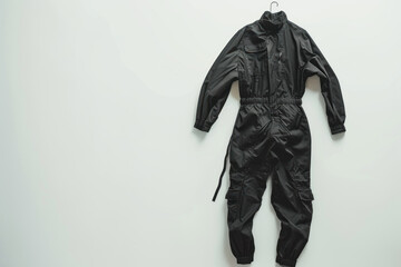  Black Leather Racing Suit Hanging on Wall, Ready for the Track