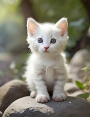 Naklejka na ściany i meble Cute white kitten in park in nature stands on stone Generative AI