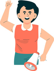 Man character raises fist hand holding megaphone supporting social democracy campaign on world social justice day