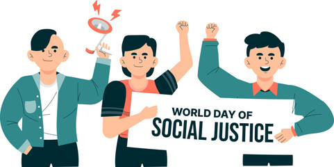 Male activists characters raise fists hands in protest on world social justice day holding posters and megaphones