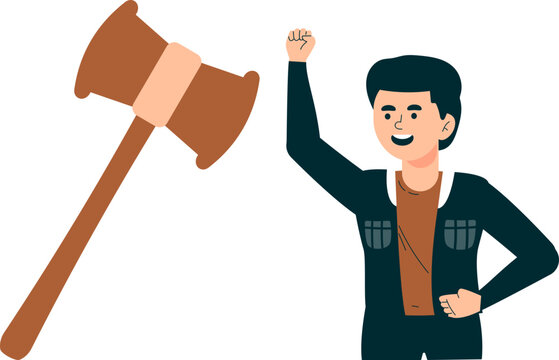 Man activism character raises fist hands in support of unity and diversity on world social justice day with judge's gavel symbol - Powered by Adobe
