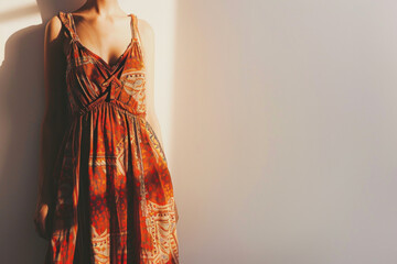 Bohemian Summer Dress with Warm Patterns Bathed in Soft Sunlight