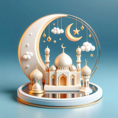 3d modern Islamic banner, Ramadan kareem, Eid al Adha. Cute toy mosque and crescent moon displayed on round with in the background Ai generative.