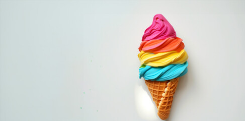 set of different types of colorful ice cream in a cone with different flavors. Banner with place for text on a white background. Various of ice cream flavor in cones setup. Summer and Sweet menu conce