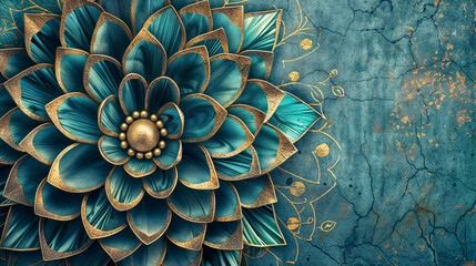 Ornate Metallic Floral Bas-Relief with Aqua and Gold Tones