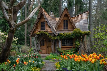 Fototapeta na wymiar Enchanting forest cottage surrounded by nature, its wooden exterior adorned with tulips and leaves.