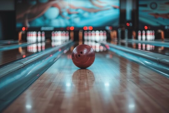 Red bowling ball rolling down the lane in a bowling alley with pins in the background