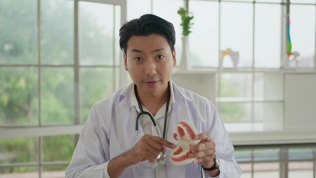 Online medical consultation. Asian male dentist doctor showing jaw model educate about taking care of gums and teeth through talking online, making video call with patient. Medical and technology 