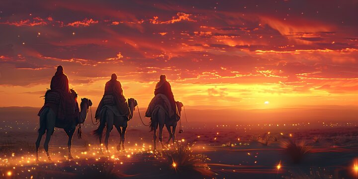 Three men on camels bearing gifts follow stars in desert Christmas symbolism. Concept Symbolism, Three Wise Men, Christmas, Desert, Camels