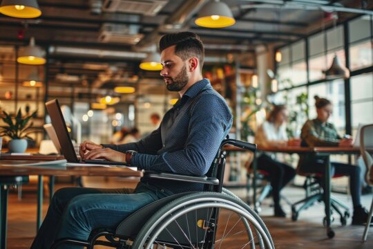 Young Man In A Wheelchair Working On A Laptop In A Modern Office Environment. Disabilities In The Workplace Concept.
