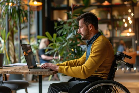 Young Man In A Wheelchair Working On A Laptop In A Modern Office Environment. Disabilities In The Workplace Concept.
