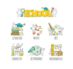 Fototapeta premium School subjects icons with symbols of music, literature, art and chemistry.