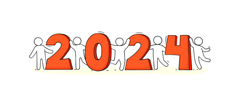 Happy New year 2024 banner with doodle people.