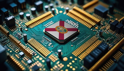 Florida flag on a processor, CPU or microchip on a motherboard. Concept for the battle of global microchips production. - obrazy, fototapety, plakaty