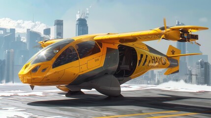 Bright yellow autonomous air taxi on urban rooftop helipad.