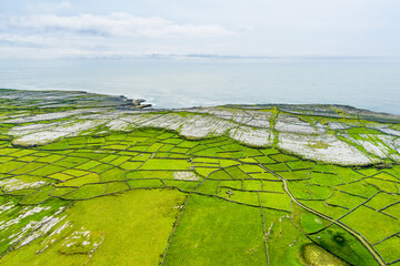 Aerial view of Inishmore or Inis Mor, the largest of the Aran Islands in Galway Bay, Ireland....