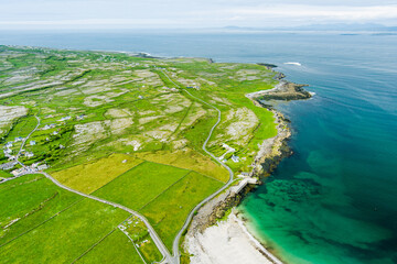 Aerial view of Inishmore or Inis Mor, the largest of the Aran Islands in Galway Bay, Ireland....