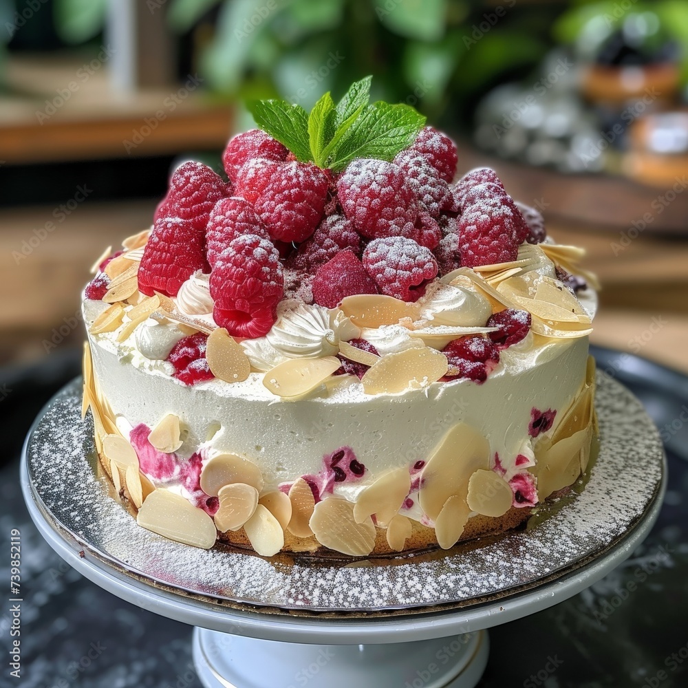 Wall mural a cake with raspberries and almonds on top