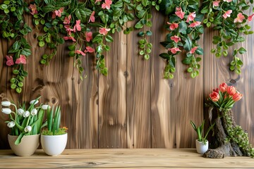 Transform your space with vibrant allure - Wooden wall wallpaper adorned with lush leaves and vibrant tulips.