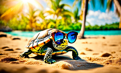 Obraz premium turtle with glasses on a background of palm trees. Selective focus.