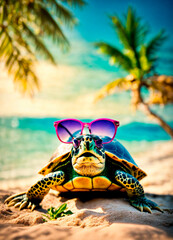 turtle with glasses on a background of palm trees. Selective focus.