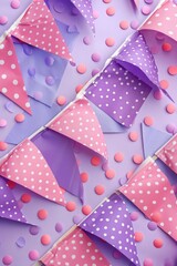 Purple and pink polka dot party bunting flags. Flat lay composition with copy space.