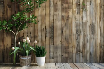 Create a cozy retreat with nature-inspired decor - Wooden wall wallpaper exuding rustic charm with leaves and tulips.