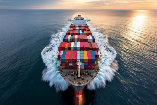 A loaded container cargo ship is seen in the front as it speeds over the ocean
