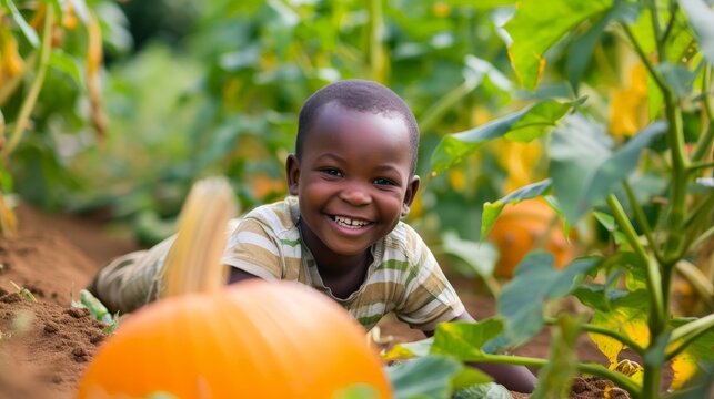 a child lying on the ground in a pumpkin patch