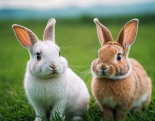 Fototapeta na wymiar Little cute rabbits on the lawn. AI generation