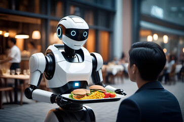 Robot waiter serving food at an outdoor restaurant. Robots can deliver food and drinks and carry...