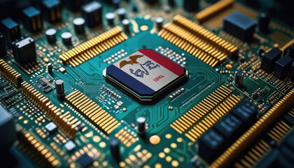 Obraz premium Iowa flag on a processor, CPU or microchip on a motherboard. Concept for the battle of global microchips production.