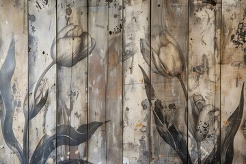 Antique Wooden Wall Covering Featuring Botanical Murals. Vintage Interior Aesthetics.