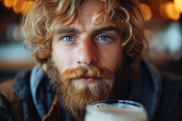 Close-up of a Bearded Man with Blue Eyes Holding a Beer Glass