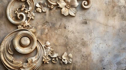 Ornate baroque elements on textured wall. Vintage architectural decoration close-up.