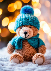 Teddy bear toy on a festive Christmas background. Selective focus.
