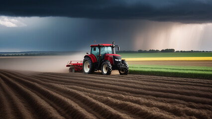 A powerful red tractor drives across a huge field under a dramatic stormy sky,