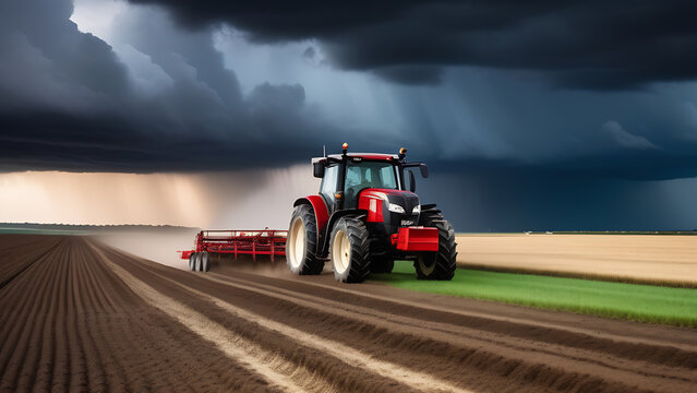 A powerful red tractor drives across a huge field under a dramatic stormy sky,
