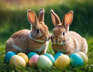 Fototapeta na wymiar Cute little rabbits in colored chicken eggs. AI generation