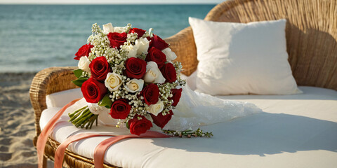 Seaside Nuptials. A vibrant bouquet on the pristine sands of a serene beach.