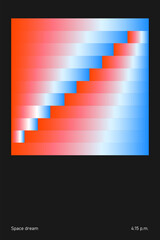 Naklejka premium Abstract digital stairway with gradient red and blue stripes on black background. Modern aesthetics, minimalist art. Virtual space dreams. Vector design for creative cover, poster and ad.